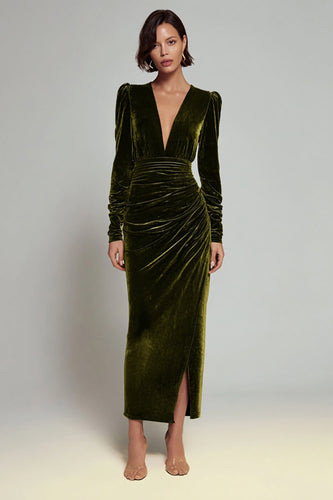 Olive Sheath Deep V-Neck Velvet Long Holiday Party Dress with Sleeves