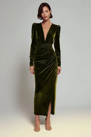 Olive Sheath Deep V-Neck Velvet Long Holiday Party Dress with Sleeves