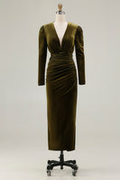 Load image into Gallery viewer, Olive Sheath Deep V-Neck Velvet Long Holiday Party Dress with Sleeves