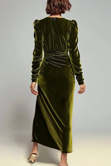 Olive Sheath Deep V-Neck Velvet Long Holiday Party Dress with Sleeves