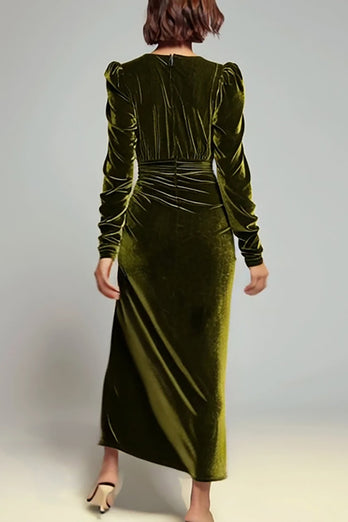 Olive Sheath Deep V-Neck Velvet Long Holiday Party Dress with Sleeves
