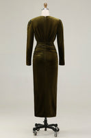 Load image into Gallery viewer, Olive Sheath Deep V-Neck Velvet Long Holiday Party Dress with Sleeves