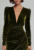Load image into Gallery viewer, Olive Sheath Deep V-Neck Velvet Long Holiday Party Dress with Sleeves