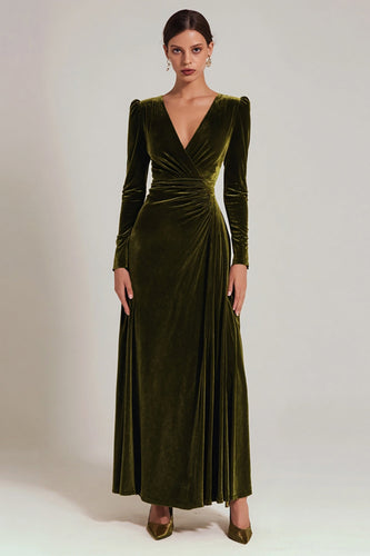 Olive A Line V-Neck Velvet Long Holiday Party Dress with Sleeves