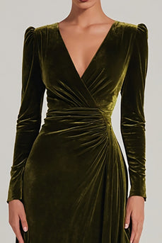 Olive A Line V-Neck Velvet Long Holiday Party Dress with Sleeves