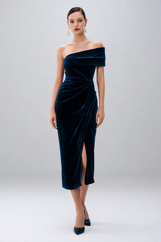 Navy Sheath Velvet Midi Holiday Party Dress with Slit