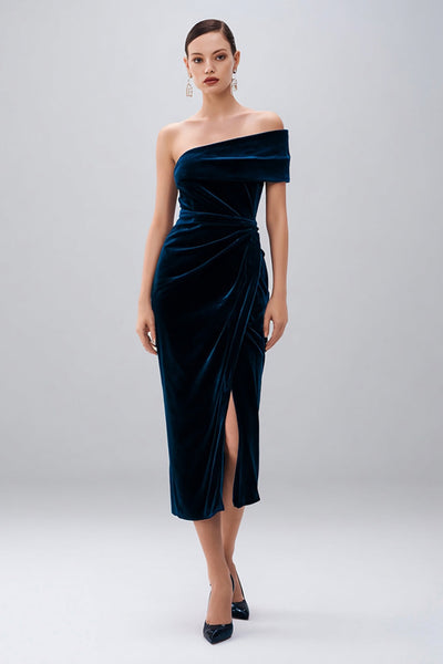 Navy Sheath Velvet Midi Holiday Party Dress with Slit