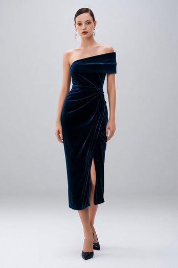 Navy Sheath Velvet Midi Holiday Party Dress with Slit