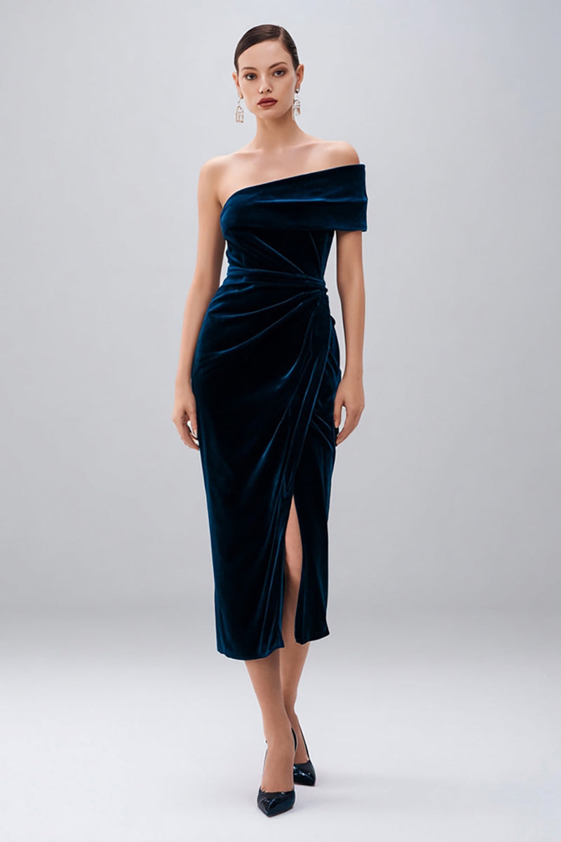 Load image into Gallery viewer, Navy Sheath Velvet Midi Holiday Party Dress with Slit