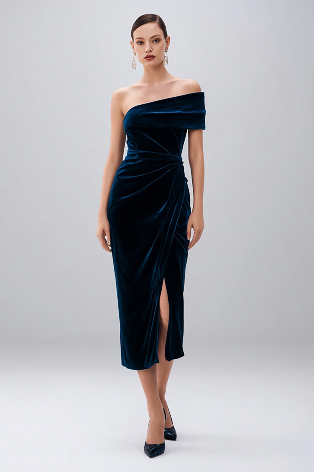 Navy Sheath Velvet Midi Holiday Party Dress with Slit