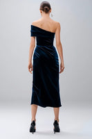 Load image into Gallery viewer, Navy Sheath Velvet Midi Holiday Party Dress with Slit