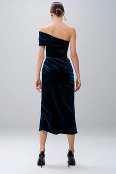 Navy Sheath Velvet Midi Holiday Party Dress with Slit