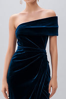 Load image into Gallery viewer, Navy Sheath Velvet Midi Holiday Party Dress with Slit