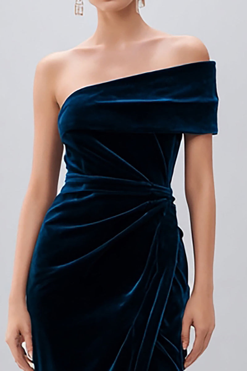 Load image into Gallery viewer, Navy Sheath Velvet Midi Holiday Party Dress with Slit