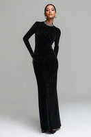 Load image into Gallery viewer, Sparkly Black Round Neck Velvet Maxi Holiday Party Dress with Sleeves