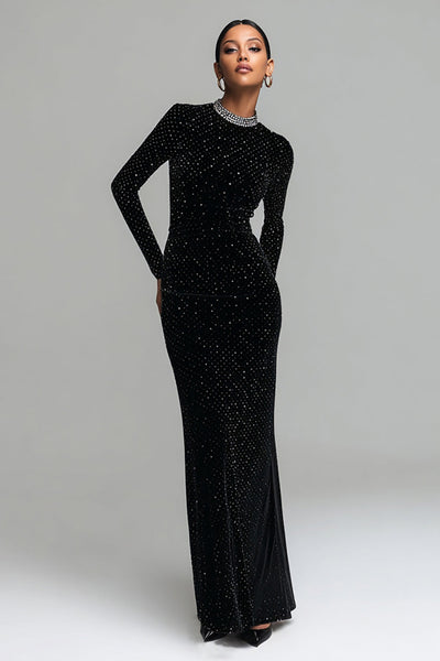 Sparkly Black Round Neck Velvet Maxi Holiday Party Dress with Sleeves