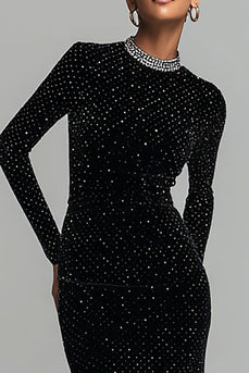Sparkly Black Round Neck Velvet Maxi Holiday Party Dress with Sleeves