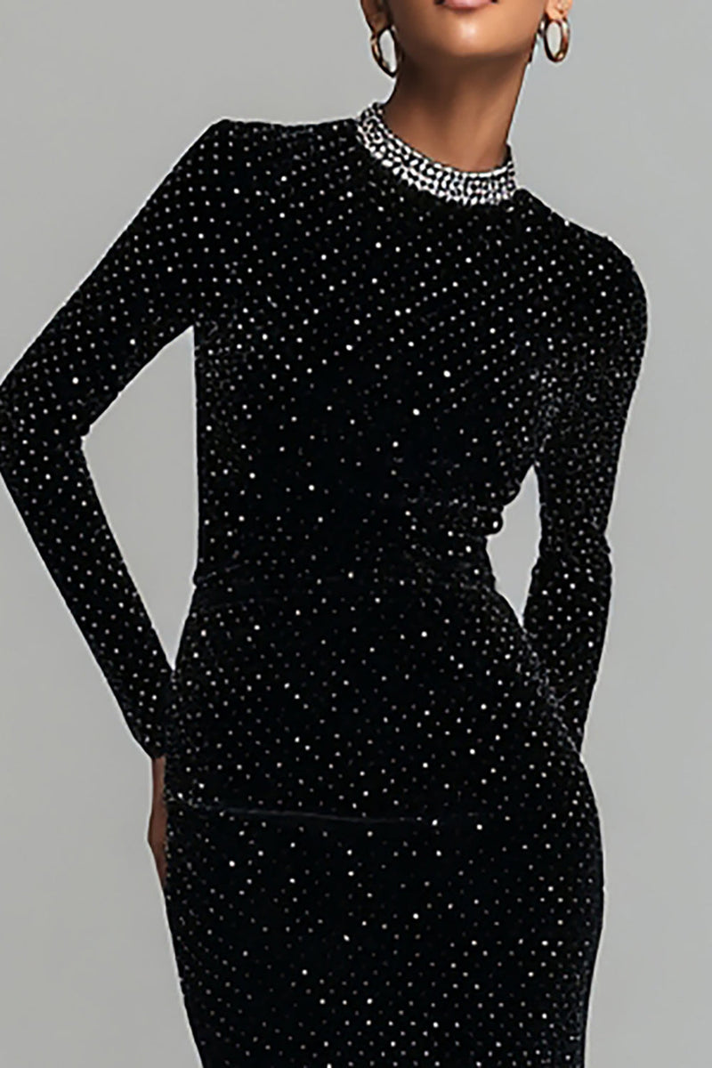 Load image into Gallery viewer, Sparkly Black Round Neck Velvet Maxi Holiday Party Dress with Sleeves