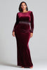 Load image into Gallery viewer, Plus Size Sparkly Velvet Burgundy Mermaid Long Holiday Party Dress with Sleeves