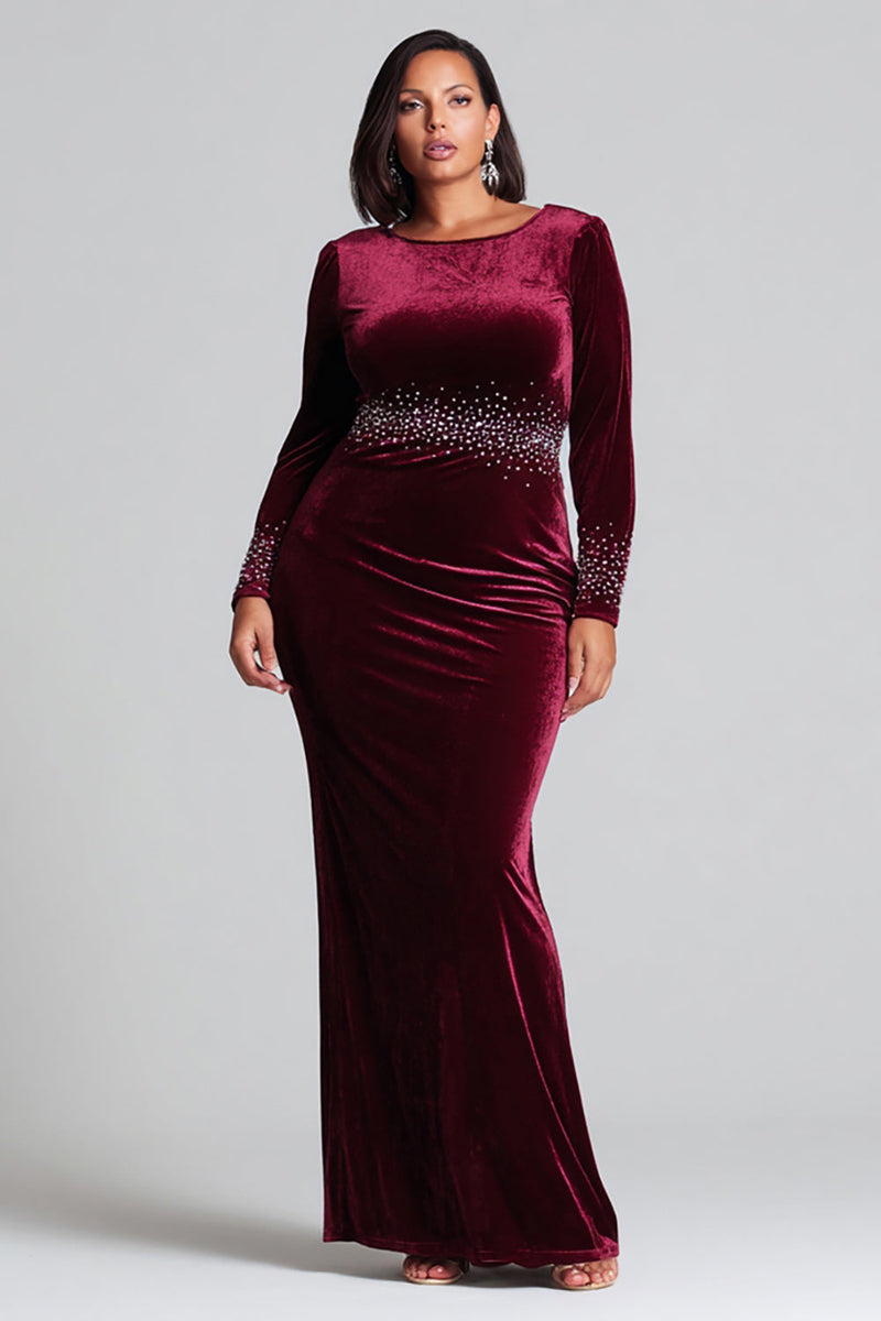 Load image into Gallery viewer, Plus Size Sparkly Velvet Burgundy Mermaid Long Holiday Party Dress with Sleeves
