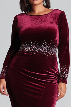 Plus Size Sparkly Velvet Burgundy Mermaid Long Holiday Party Dress with Sleeves