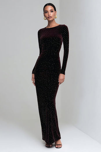 Coffee Mermaid Long Velvet Holiday Party Dress with Sleeves