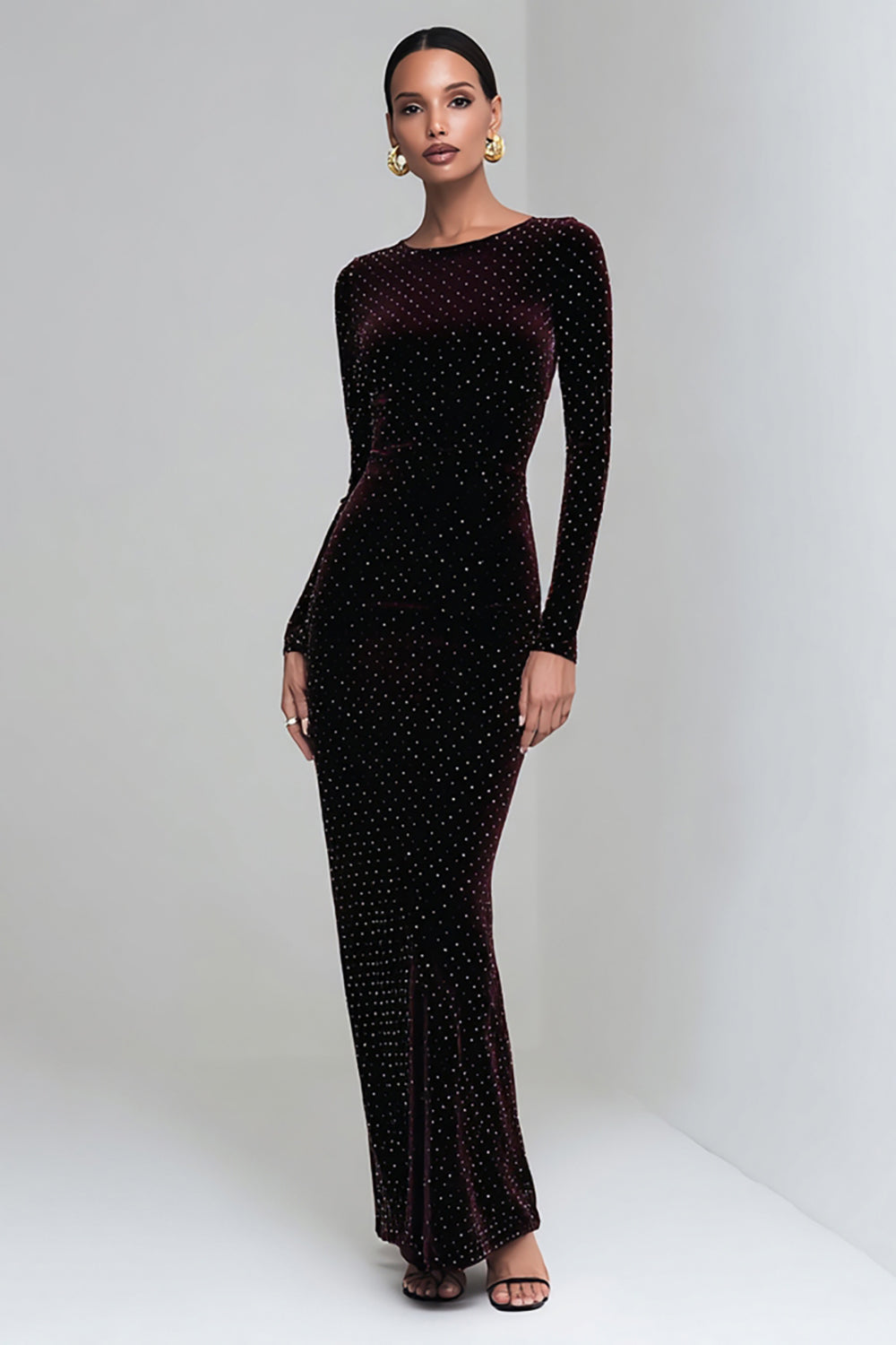 Coffee Mermaid Long Velvet Holiday Party Dress with Sleeves