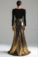 Load image into Gallery viewer, Sparkly Gold and Black V-Neck Velvet Maxi Holiday Party Dress with Sleeves