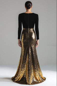 Sparkly Gold and Black V-Neck Velvet Maxi Holiday Party Dress with Sleeves
