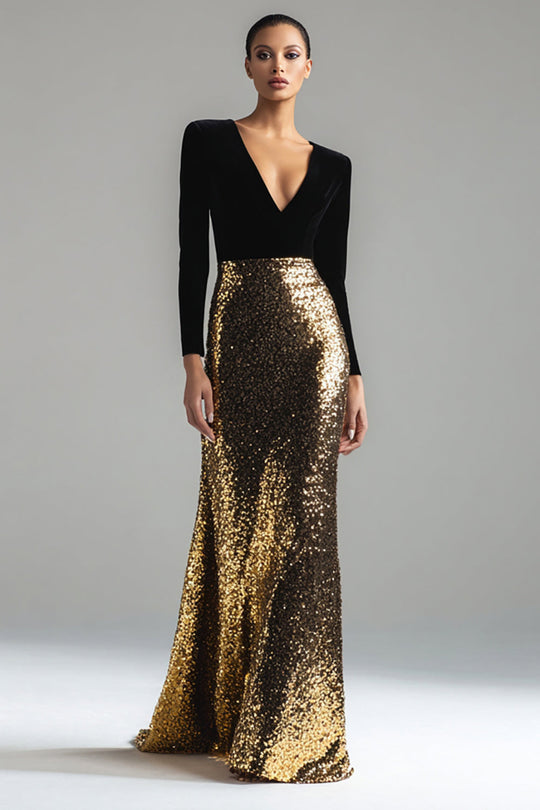 Queendancer UK Women Sparkly Gold and Black Holiday Party Dress with Sequin Velvet Mermaid V-Neck Long Evening Dress with Sleeves