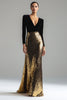 Load image into Gallery viewer, Sparkly Gold and Black V-Neck Velvet Maxi Holiday Party Dress with Sleeves
