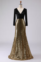 Load image into Gallery viewer, Sparkly Gold and Black V-Neck Velvet Maxi Holiday Party Dress with Sleeves