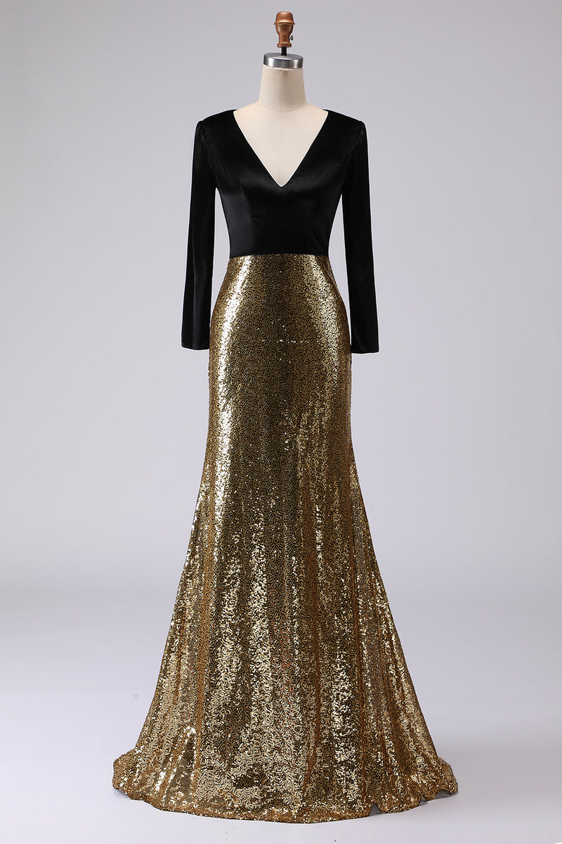 Load image into Gallery viewer, Sparkly Gold and Black V-Neck Velvet Maxi Holiday Party Dress with Sleeves
