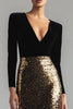 Load image into Gallery viewer, Sparkly Gold and Black V-Neck Velvet Maxi Holiday Party Dress with Sleeves