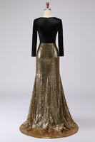 Load image into Gallery viewer, Sparkly Gold and Black V-Neck Velvet Maxi Holiday Party Dress with Sleeves