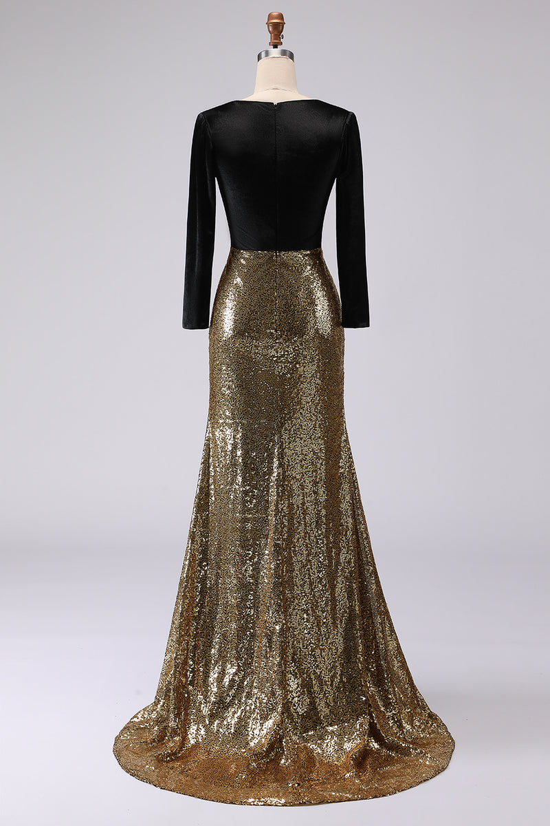 Load image into Gallery viewer, Sparkly Gold and Black V-Neck Velvet Maxi Holiday Party Dress with Sleeves
