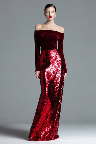 Sparkly Burgundy Velvet Off the Shoulder Maxi Holiday Party Dress with Sleeves