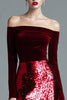 Load image into Gallery viewer, Sparkly Burgundy Velvet Off the Shoulder Maxi Holiday Party Dress with Sleeves