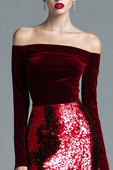 Sparkly Burgundy Velvet Off the Shoulder Maxi Holiday Party Dress with Sleeves