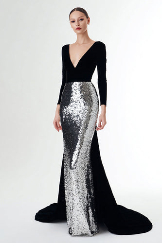 Sparkly Black and Silver Maxi Holiday Party Dress with Sleeves