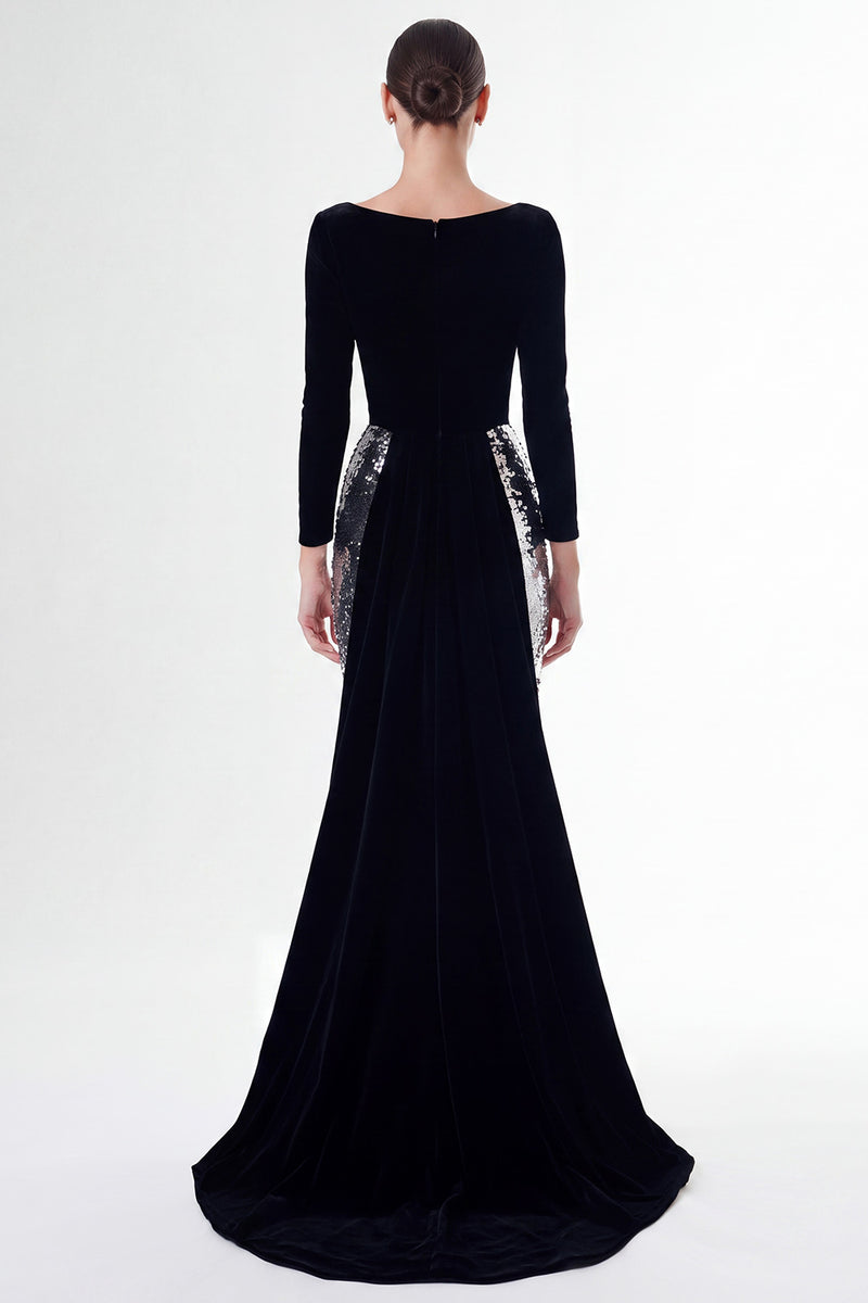 Load image into Gallery viewer, Sparkly Black and Silver Maxi Holiday Party Dress with Sleeves