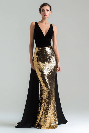 Sparkly Gold and Black Mermaid V-Neck Long Holiday Party Dress with Cape