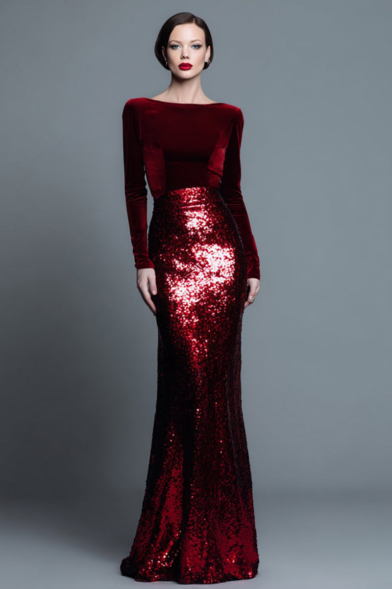 Load image into Gallery viewer, Sparkly Navy Mermaid Bateau Neck Long Holiday Party Dress with Sleeves