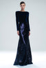 Load image into Gallery viewer, Sparkly Navy Mermaid Bateau Neck Long Holiday Party Dress with Sleeves