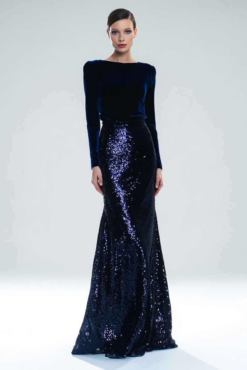 Load image into Gallery viewer, Sparkly Navy Mermaid Bateau Neck Long Holiday Party Dress with Sleeves