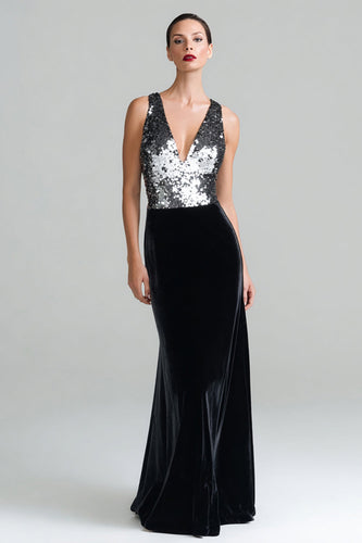 Sparkly Black and Silver V-Neck Velvet Maxi Holiday Party Dress with Sequins