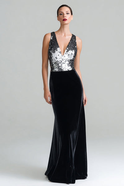 Sparkly Black and Silver V-Neck Velvet Maxi Holiday Party Dress with Sequins