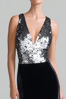 Sparkly Black and Silver V-Neck Velvet Maxi Holiday Party Dress with Sequins