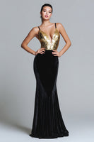 Load image into Gallery viewer, Sparkly Gold and Black Velvet Mermaid Long Holiday Party Dress with Sequins