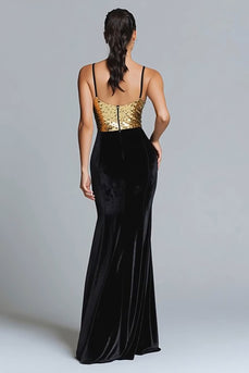 Sparkly Gold and Black Velvet Mermaid Long Holiday Party Dress with Sequins